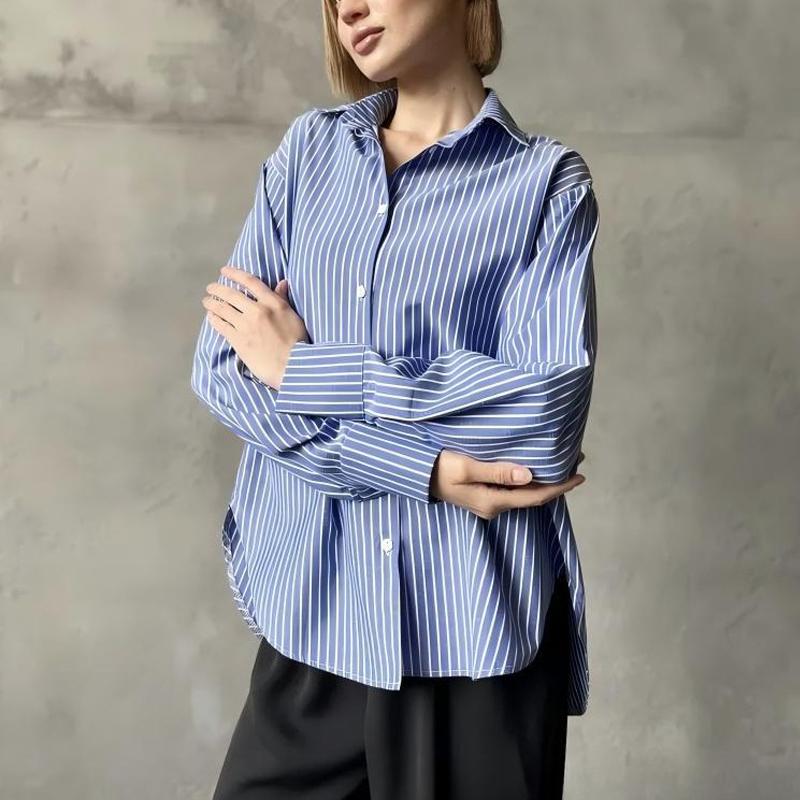 

Fashion Striped Long Sleeved Shirt Loose Casual Spring Autumn Casual Work Shirts Ladies Elegant Simple Office Lapel Single-breasted Blouse Basic Tops 2XL небо синє кольору