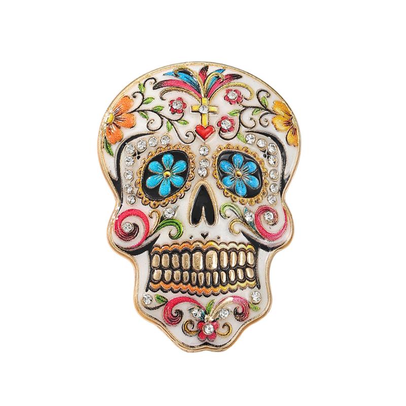 Colorful Flowers Sugar Skull Brooch With Vibrant Enamel Sparkly Rhinestone Accents For Day Of The Dead And Halloween Parties