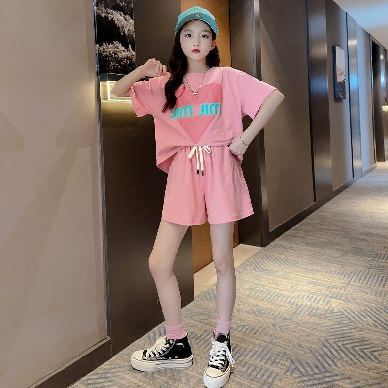 

Летний спортивный костюм с короткими рукавами для девочек, летний стиль, модный и стильный детский летний комплект из двух предметов 150