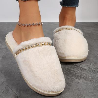 Pantuflas de Casa Esponjosas con Cristales Brillantes para Mujer Invierno 2025 Calentitas Acogedoras de Piel para Interior Zapatillas Planas Antideslizantes de Felpa para el Hogar