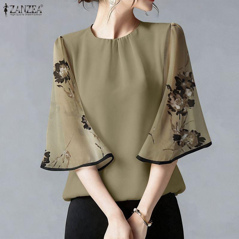 ZANZEA Women Casual Round Neck Loose Splice Half Sleeve Blouse