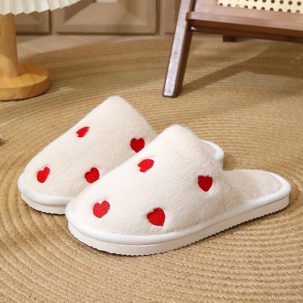 Women's Heart Shape Furry Cotton Slippers - Warm, Soft Sole, Plus Velvet for Autumn/Winter Indoor Use