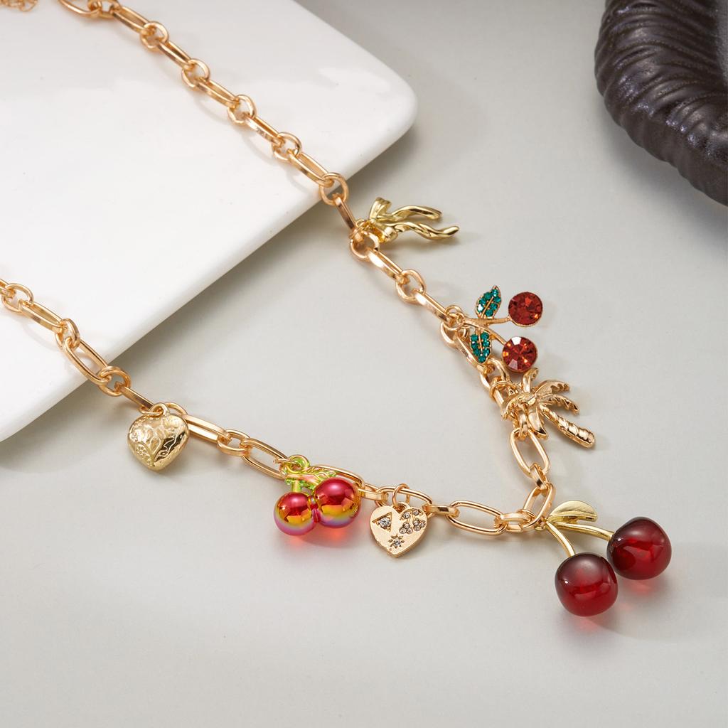 Sweet Charms Heart Cherry Strawberry Bow Multiple Pendant Necklace for Women New Trendy Cute Fruit Choker Chain Y2k Jewelry Gift