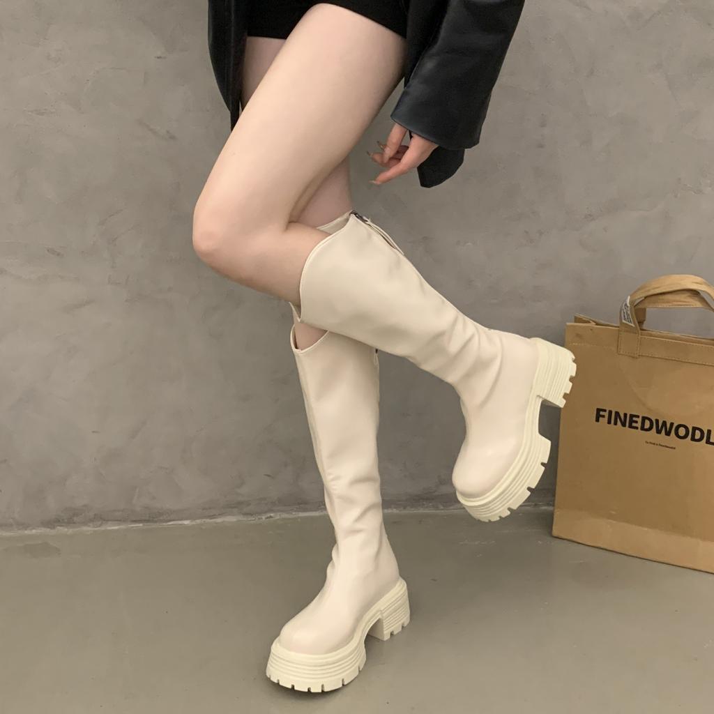 Muffin Thick-soled Small Man Thin Long Tube Knight Boots Women's 2025 Autumn and Winter New Black Heightening Medium Tube Long Boots