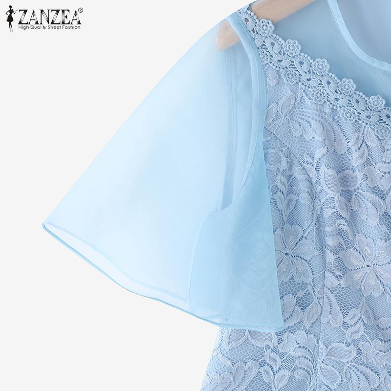 ZANZEA Women Casual Round Neck Ruffles Sleeve Lace Patchwork Blouse