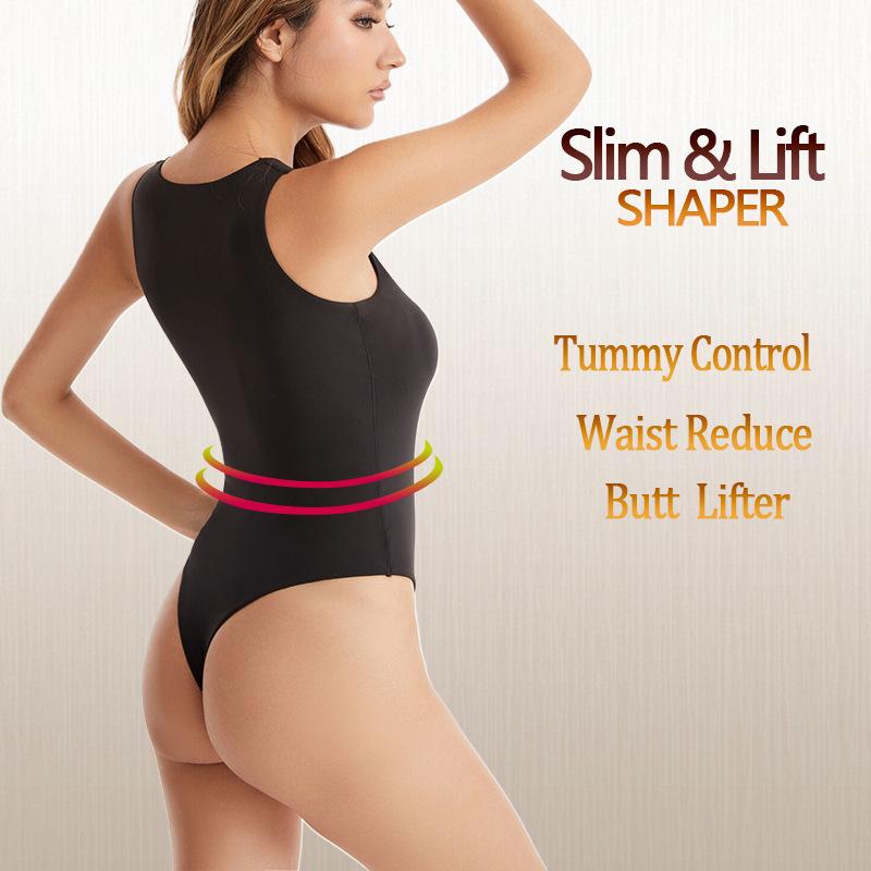 Kardashian Style Double-Layer High-Elastic Tummy-Control Bodysuit with Round Neck