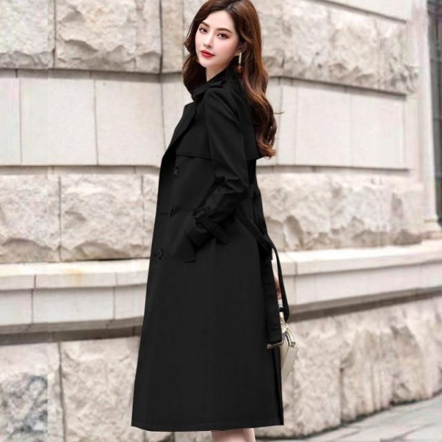 Autumn Winter Women Turn-down Collar Double Breasted Trench Office Lady Solid Long Trench with Belt
