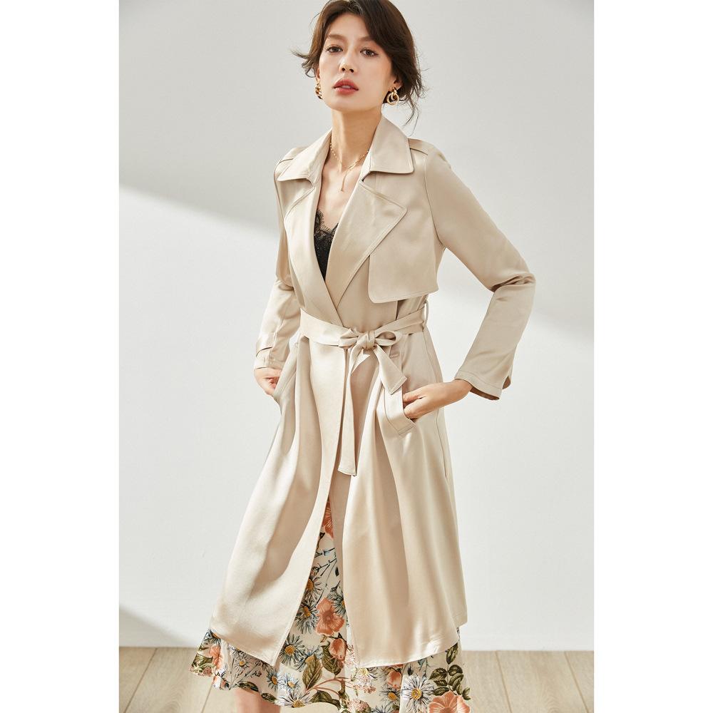 Shenghong spring and autumn pendant atmospheric satin acetic acid handsome medium and long casual thin trench coat women 13086