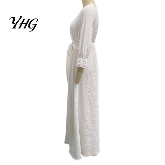 V Neck Lace Dress Women V-Neck for Fall, 3/4 Sleeves Maxi with Three Quarter Sleeve Belt, Solid Color Loose Casual Long Vacation Daily Wear Versatile