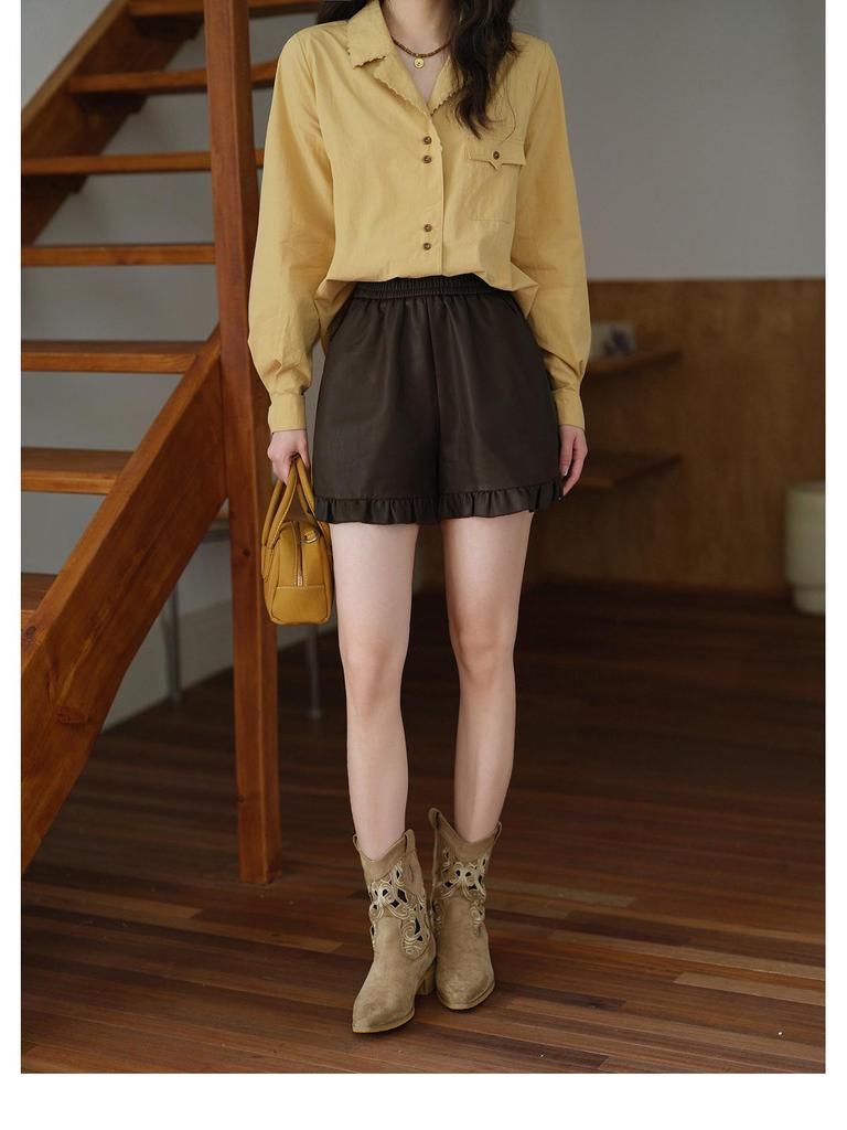 2025 High Waist PU Leather A-line Shorts with Lace Patchwork for Women