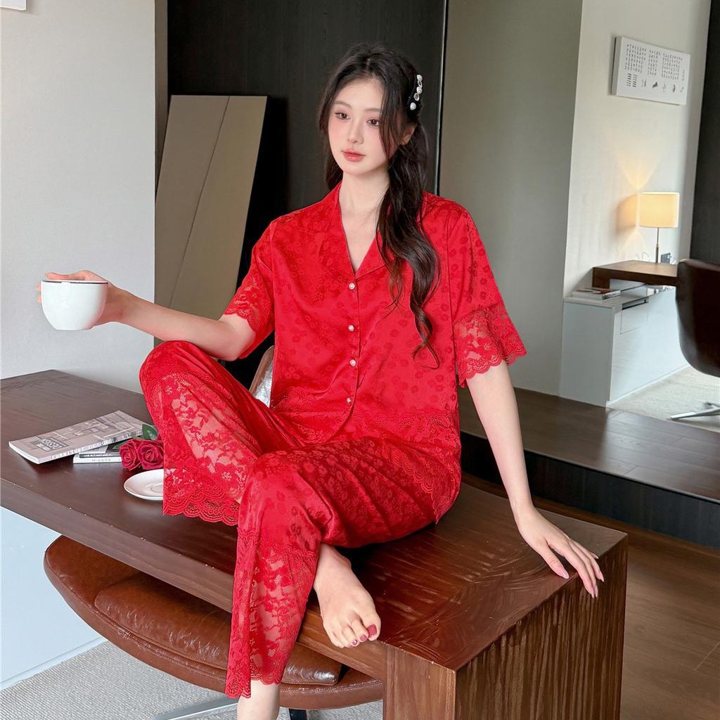 Pajamas women's ice silk summer new sexy lace splicing trousers short-sleeved two-piece set ice and snow silk loungewear set