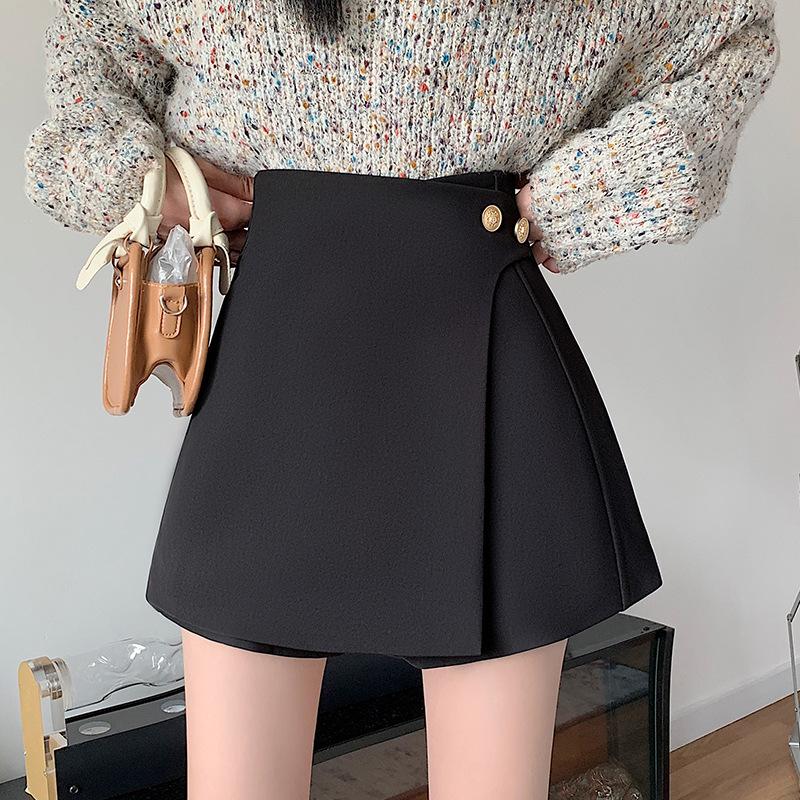 

Юбка-брюки больших размеров на осень/зиму с высокой посадкой и широкими штанинами - Стройнящие, А-силуэт неправильной формы для маскировки живота. XS (70-80 lbs) чёрный