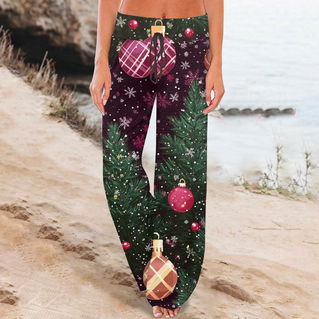 Women's Comfortable Sleeper Pants Christmas Printed Drawstring Wide Leg Pants Casual Pants