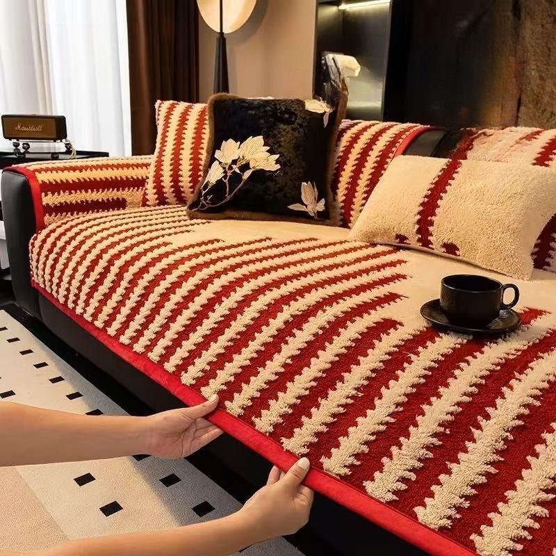 New Plush Shu Cotton Velvet Sofa Cushion Red Christmas Autumn And Winter Simple High-Grade Seat Cushion Non-Slip Cover
