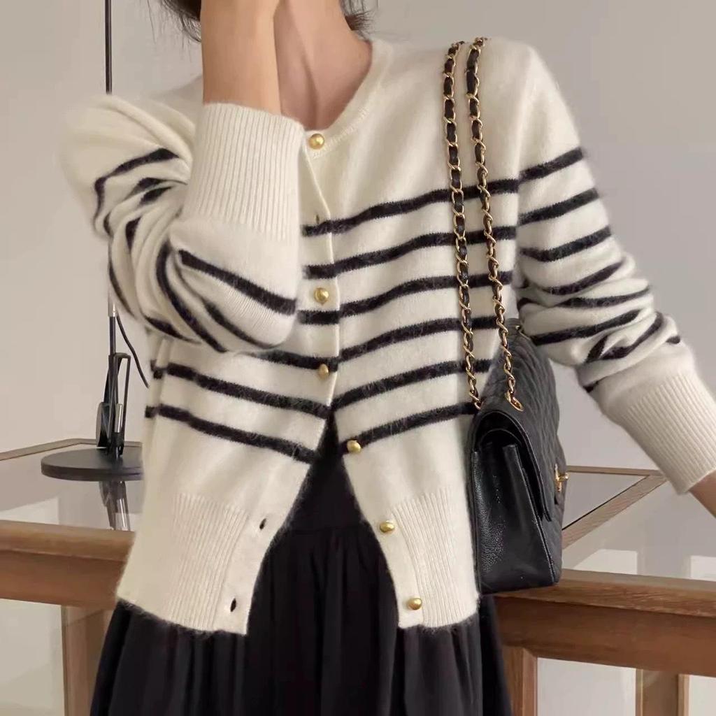 Women's French-Inspired Loose Fit Pure Wool Knit Cardigan with Gold Buttons and Round Neck Sweater