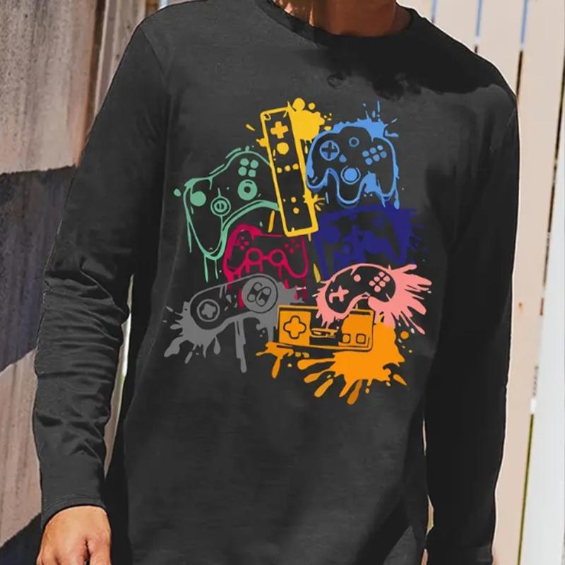 Tricouri cu mânecă lungă pentru bărbați cu imprimeu graffiti controler de joc, cu gât rotund, pulover casual, îmbrăcăminte pentru bărbați, mărime plus