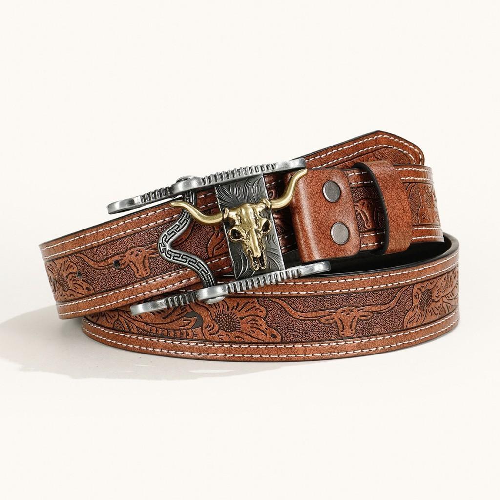 High Quality Pu Leather Belt With Bohemian Alloy Buckle For Men In Ethnic Style With Bull Head Print
