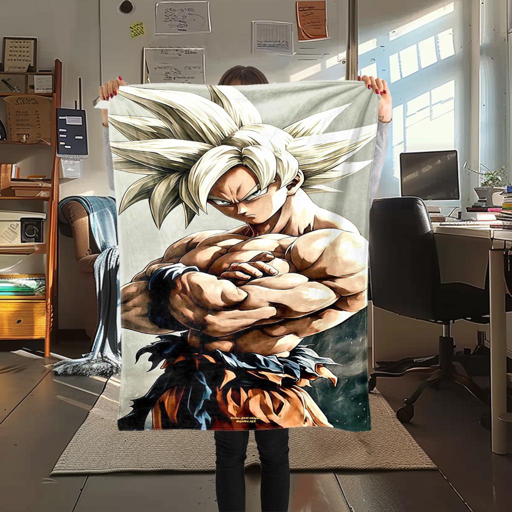1 szt. Koc flanelowy z nadrukiem Son Goku, Wysokiej jakości, Na wszystkie pory roku, Wystrój domu, Ciepło i komfort, Idealny na prezenty świąteczne