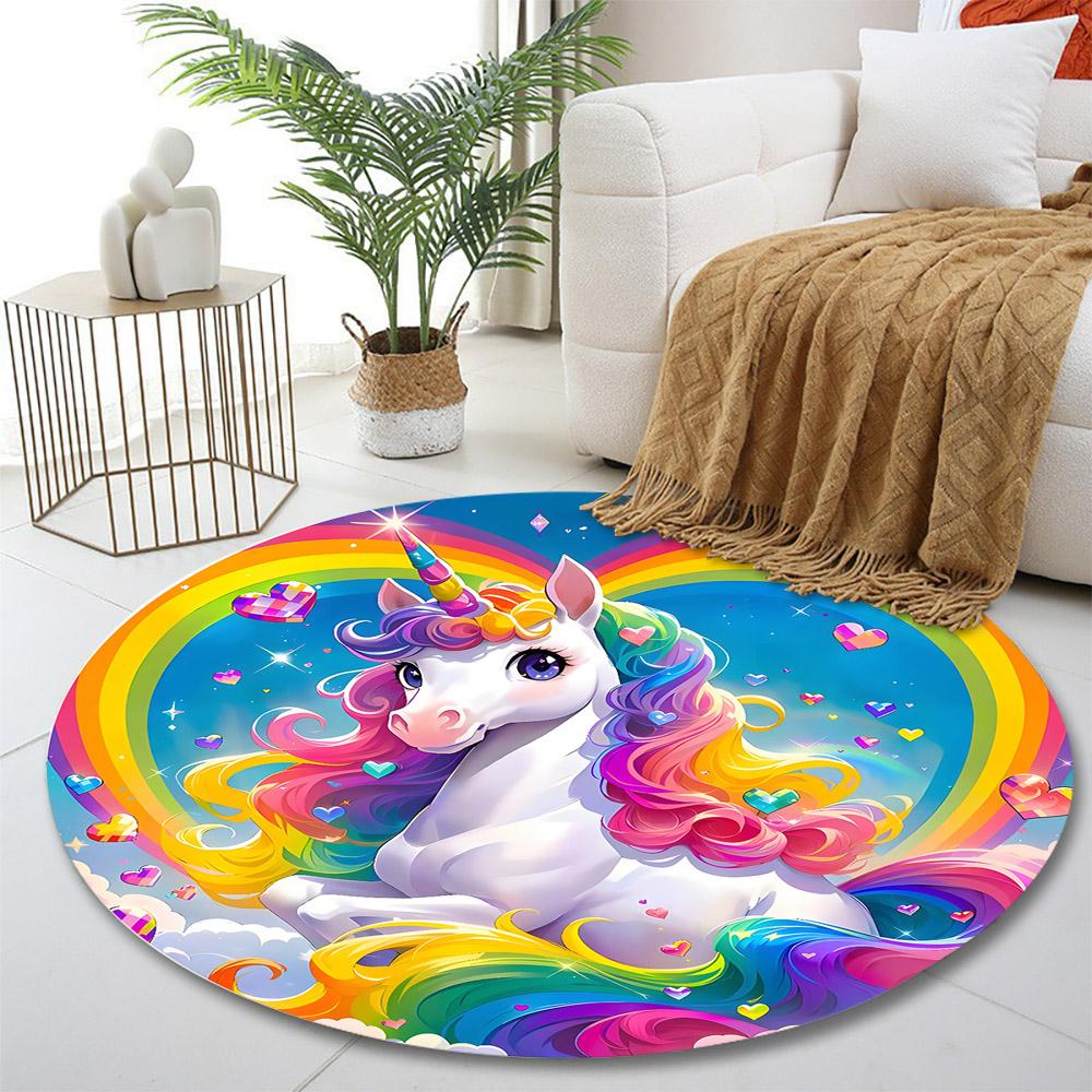 Rainbow Unicorn with Hearts Print round rug, living room, bedroom, playroom carpet, non slip floor mat, gift