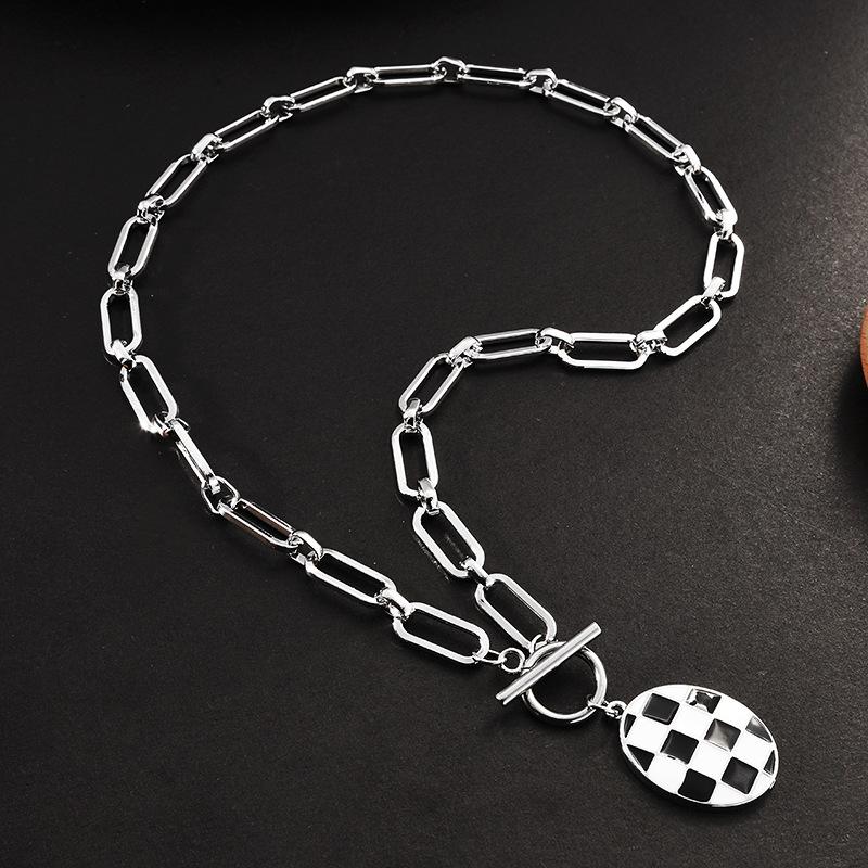 Heart Trendy Shape Titanium Steel Necklace Featuring Stylish Black And White Checkerboard Design