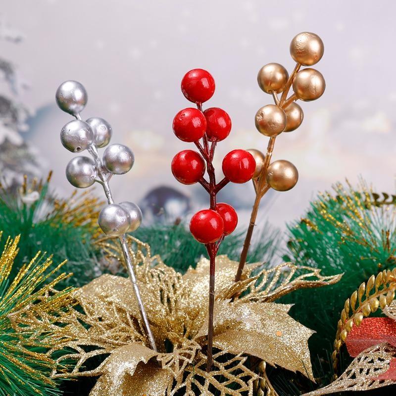 10pcs Artificial Holly Berry Christmas Decor Wire Bundle Garland Wreath Christmas New Year Fake Red Berries for Wreath DIY Home Decor