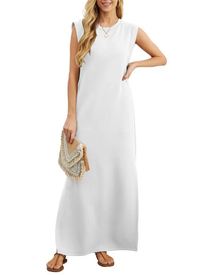 European and American new women's summer casual solid color round neck sleeveless loose long dress