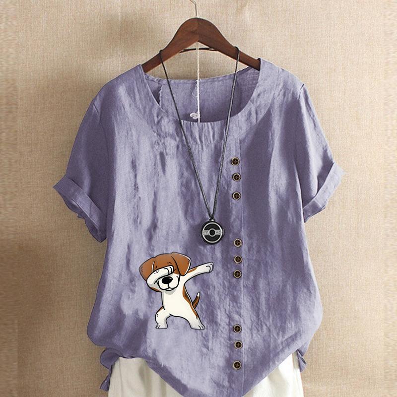 Women's Fashion Round Neck Short Sleeve T-shirt Casual Cotton Linen Graphic Shirt Lovely Dog Prined Summer Blouse Tops Plus Size