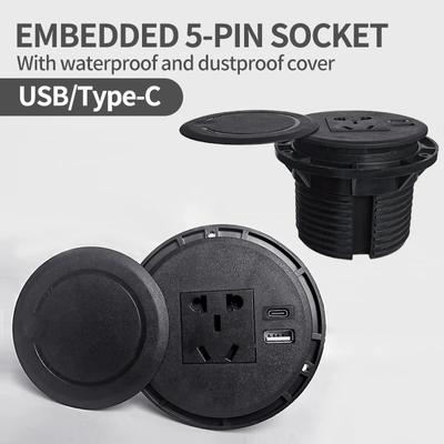 Office Desk Hidden Socket Multi-function with 5-pin USB Type-C Socket with Recessed Desktop Plug Round Socket