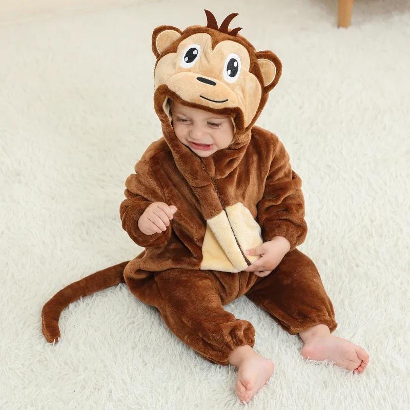 Unisex Monkey Animal Hooded Bodysuit Flannel Winter Pajamas Halloween Girls Boys Role Play Bodysuit