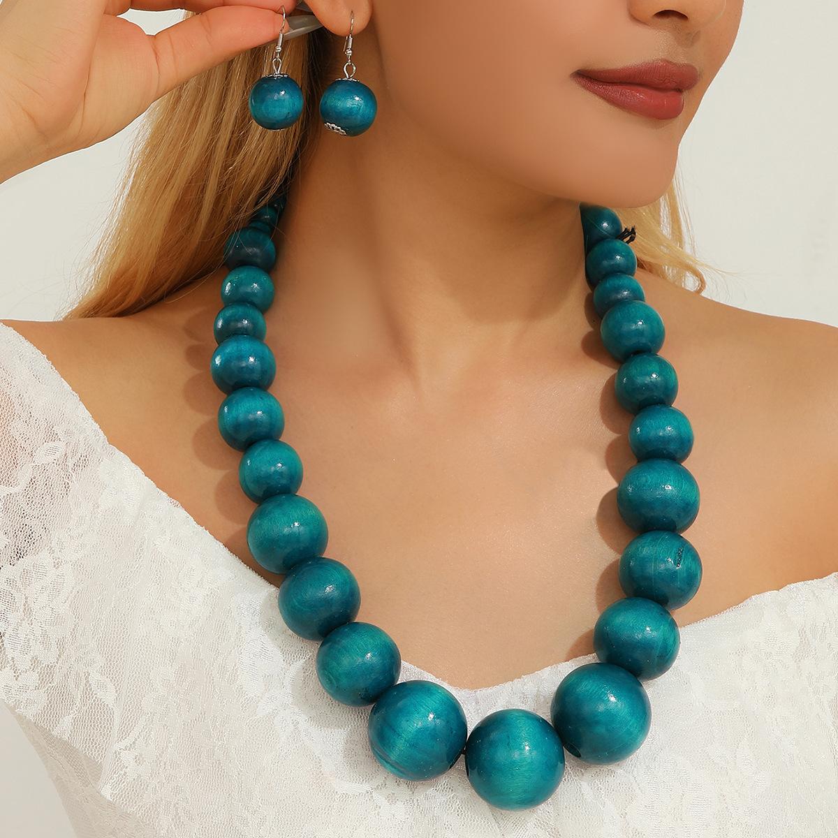 African Style Jewelry Bohemian Vintage Colorful Large Wooden Beads Necklace Earring Set For Women Party Accessories синий