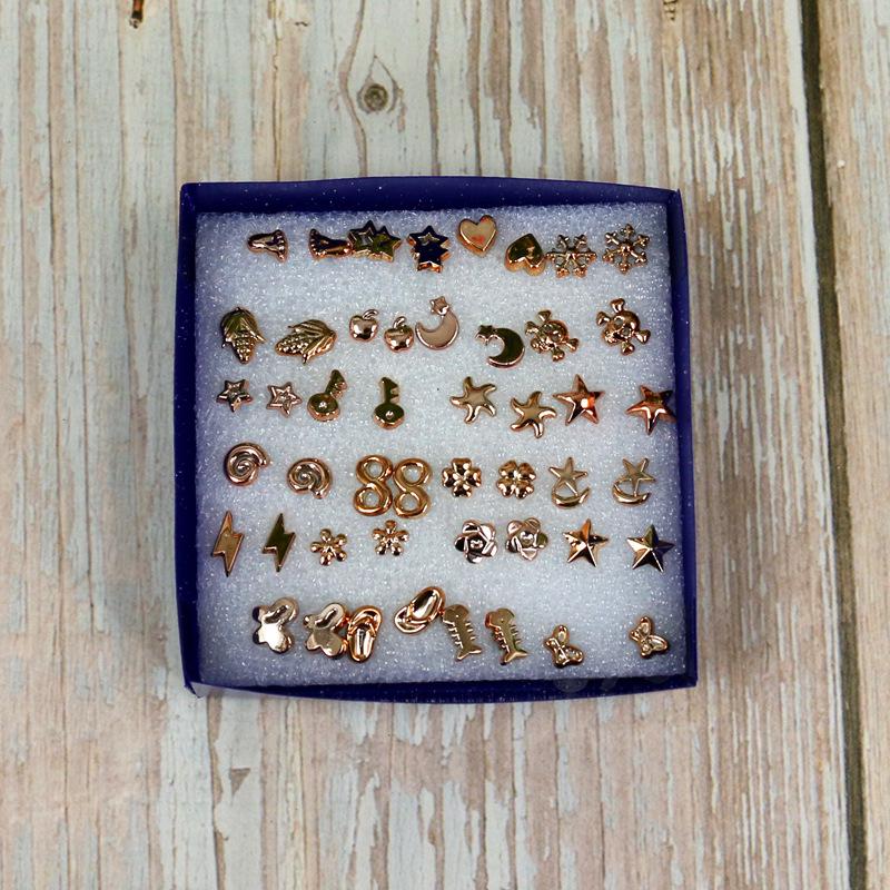 Boxed Set of 24 Mini Stud Earrings: Gold, Silver & Black with Plastic Posts