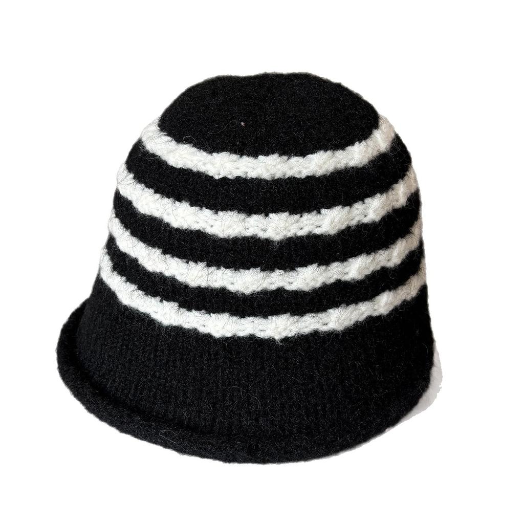 Japanese Striped Retro Knitted Bucket Hat Women'S Warm Wool Hat Versatile Big Brim Showing Face Small Bucket Hat