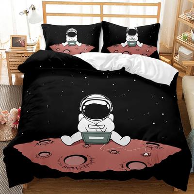 Conjunto de Roupa de Cama Infantil Desenho Animado Astronauta Capa de Edredom Tamanho King Meninos Crianças Galáxia Estrelas Espaço Sideral Macio Poliéster Capa de Edredom Preto