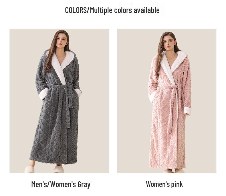 Women's Extra-Long Hooded Flannel Coral Fleece Bathrobe: Warm and Thickened for Couples