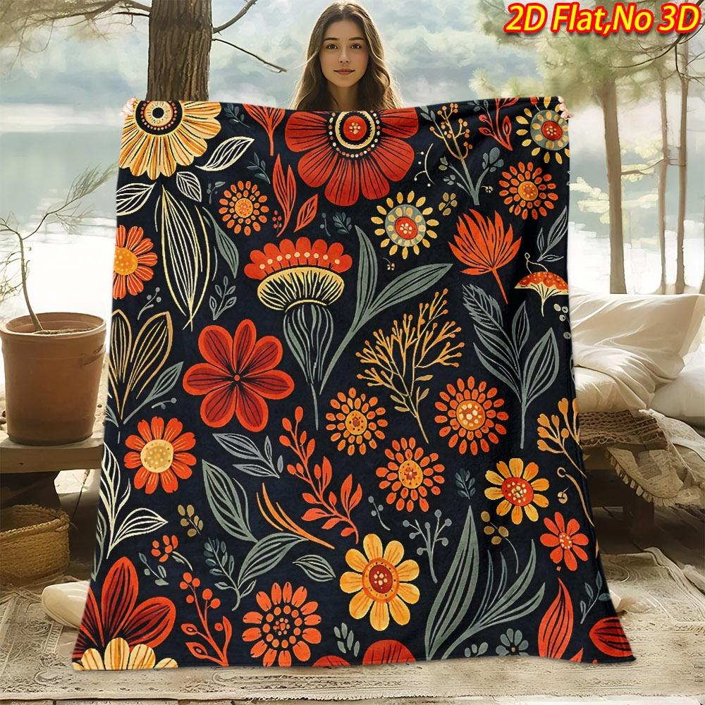 1pc 2D Flat Printing Spring And Summer New Arrival Multicolor Floral Pattern Digital Print Blanket, Throw, Soft And Comfortable 100% Fiber, All-Season