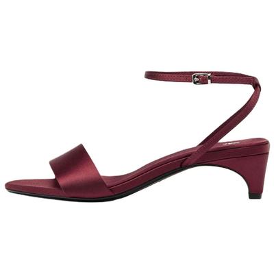 Satin Ankle Strap Kitten Heel Sandals Burgundy Womens 11310510022