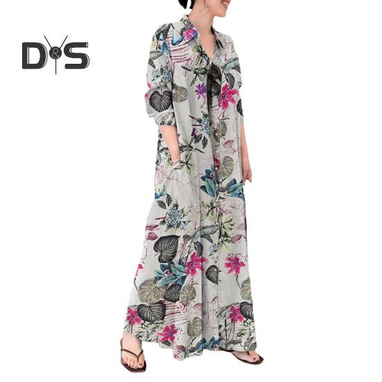 Damenkleid, locker, bunt, Blumendruck, knöchellang, lange Ärmel, Taschen, A-Linie, Revers, einreihig, weich, atmungsaktiv, Herbst/Frühling, Maxikleid