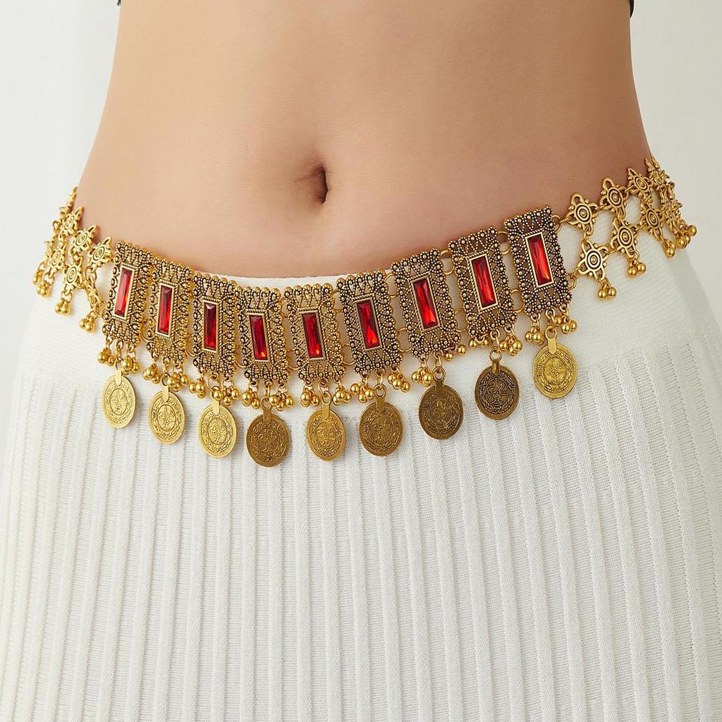 Vintage Geometric Diamond Fringed Coin Waist Chain Bohemian Long Waist Jewelry Fashion Ethnic Waist Jewelry