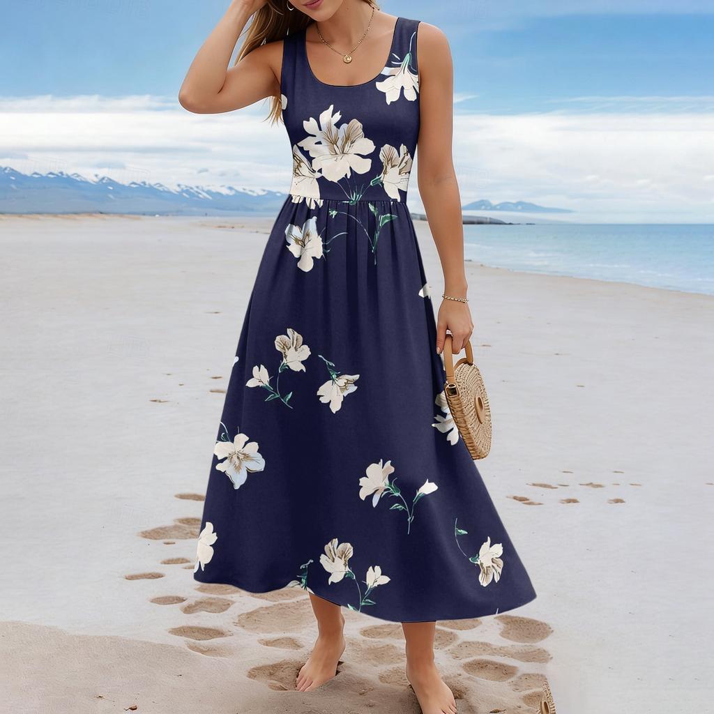 Ladies' Floral Summer Casual and Fashionable Sleeveless Long Dress