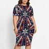 Women Plus Size Tropical Leaf Printed Two Piece Skirt Set Round Neck Short Sleeve Asymmetric Top Fitted Skirt
