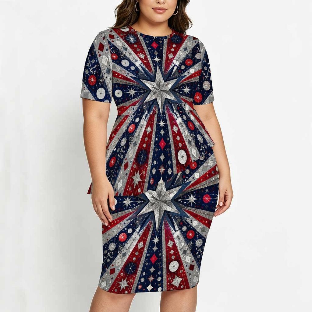 Women Plus Size Tropical Leaf Printed Two Piece Skirt Set Round Neck Short Sleeve Asymmetric Top Fitted Skirt