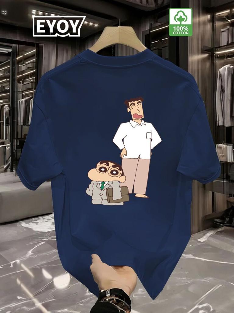 100% Bomull Herr T-shirt Bakdesign Rundhalsad T-shirt Lämplig för Vardag Vit Topp Vardagskläder Tecknad Tryck