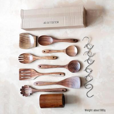 ZISIZ Teakholz 9-teiliges Küchenutensilien-Set mit Haken