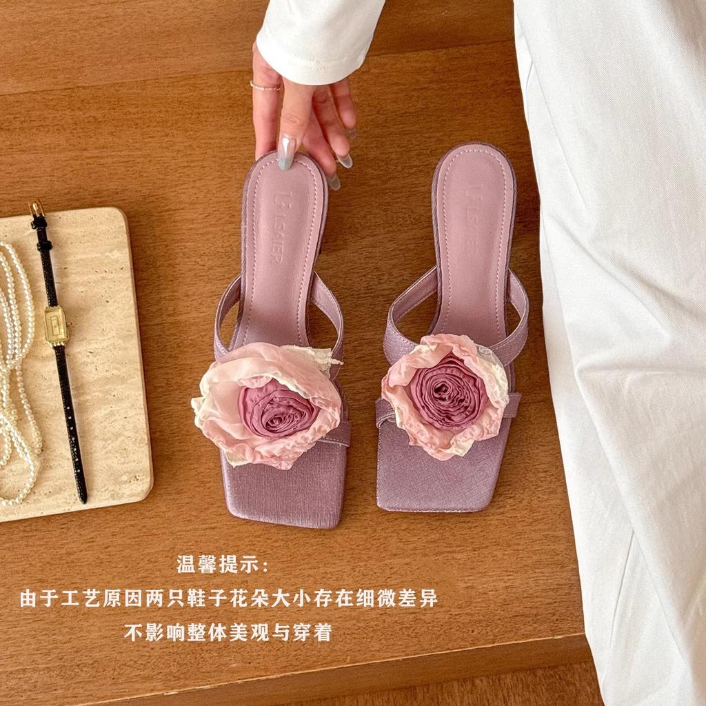 Oil painting is in full bloom! French temperament smudged rose cool slippers women's 2025 summer new thick heel Muller high heels