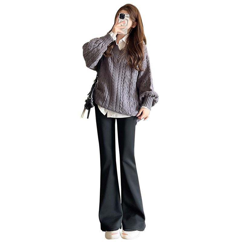 Womens High-Waisted Flared Trousers Slim Fit Black Wide-Leg Pants 2026
