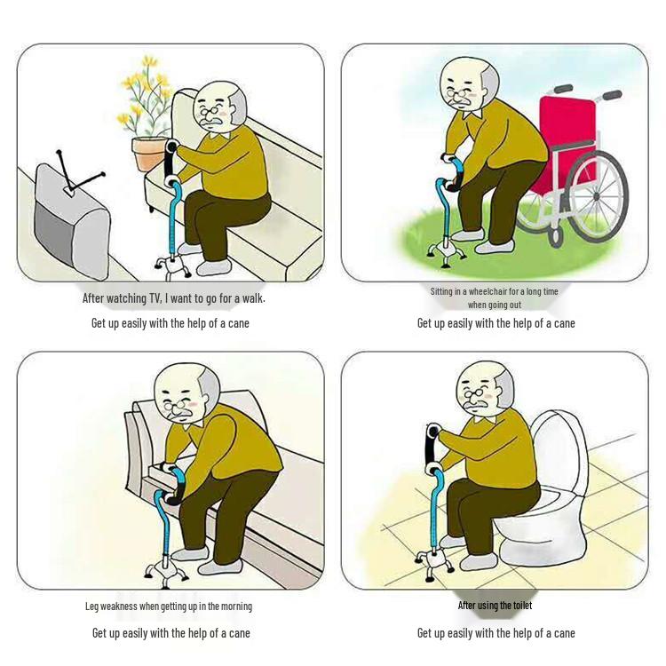 Bengala Quádrupla Ajustável em Altura, Liga de Alumínio e Aço Inoxidável Telescópica para Idosos.
