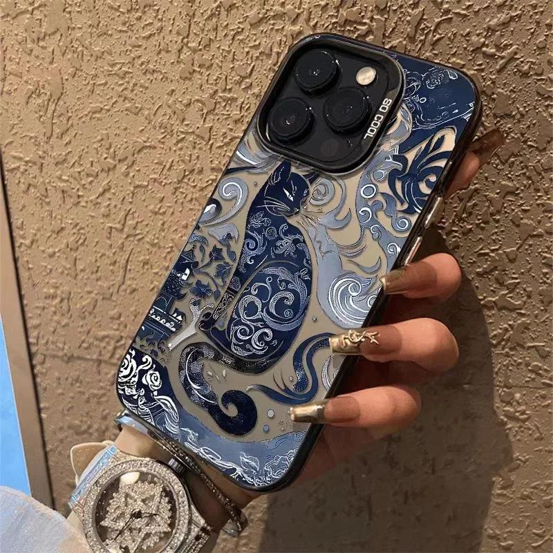 Electroplate Silver  Phone Case for IPhone 16 15 14 13 PRO MAX 11 12 13 PRO X XS XR 7 8 Plus Cute Blue and White Cat Cover