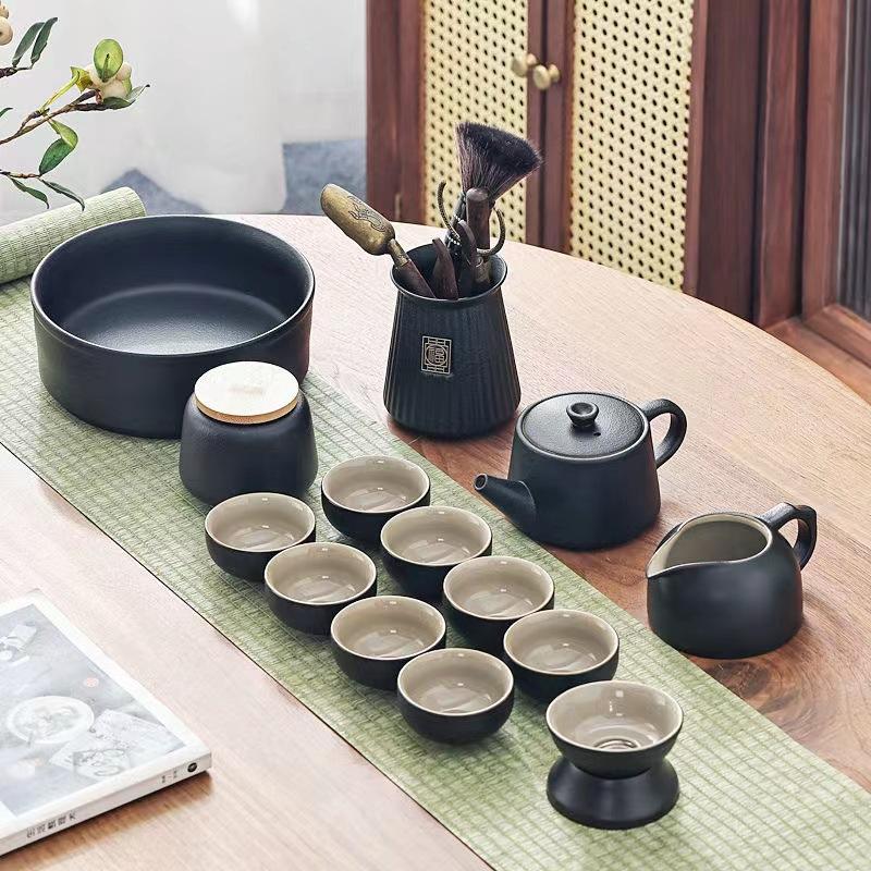 Black pottery Kung Fu tea set Household Japanese simple teapot Teacup complete set Dry brewing pot Hotel tea tray side handle pot