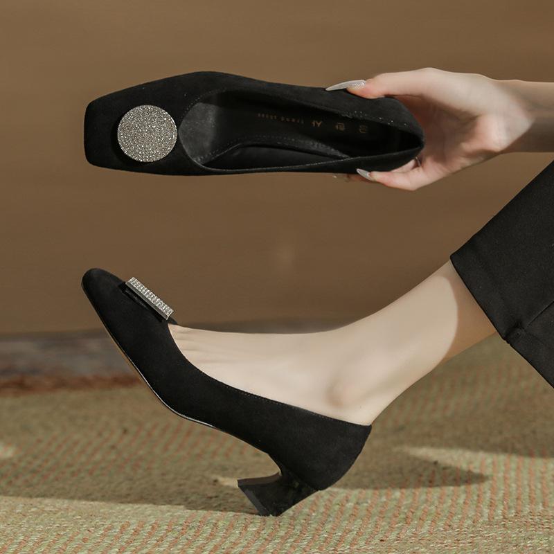 H823-1 Square Buckle Ornament Suede Thick Heel Women's Shoes Small Square Head Sheepskin Insole Autumn and Winter New Shoes Female Internet Celebritie