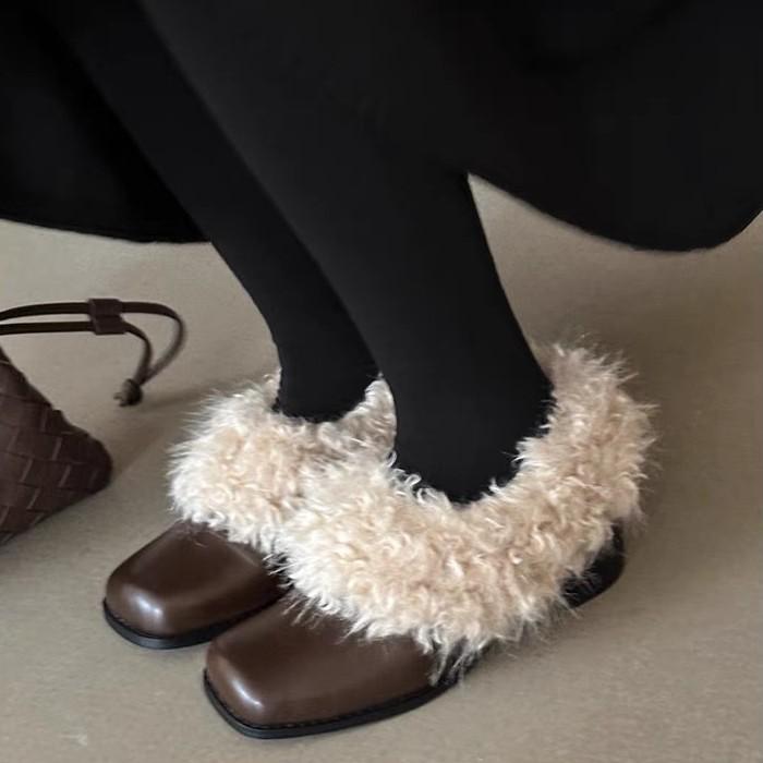 Square Head One Pedal Retro Velvet Warm Mary Jane Small Leather Shoes Thick Heel Single Shoes Fluffy Shoes